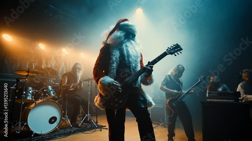 Santa Claus Rocks the Stage With Electric Guitar in Recording Studio Generative AI