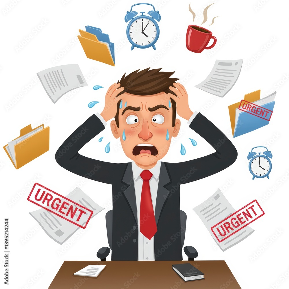 Stressed Businessman Overwhelmed by Urgent Tasks and Deadlines Illustration Stressed Businessman Overwhelmed by Urgent Tasks and Deadlines Illustration