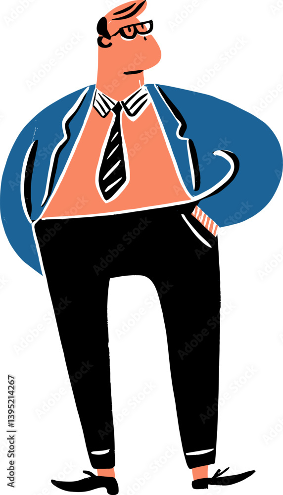 Business professional standing confidently with hands in pockets cartoon isolated on transparent background. Vector illustration.
