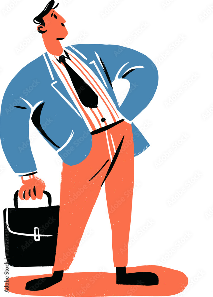 Confident businessman standing with a briefcase wearing formal attire cartoon isolated on transparent background. Vector illustration.