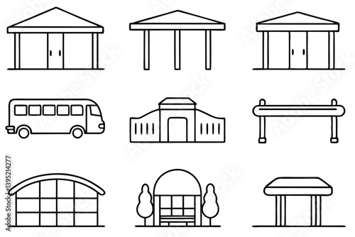  Bus stop line art drawing for city transportation decor.