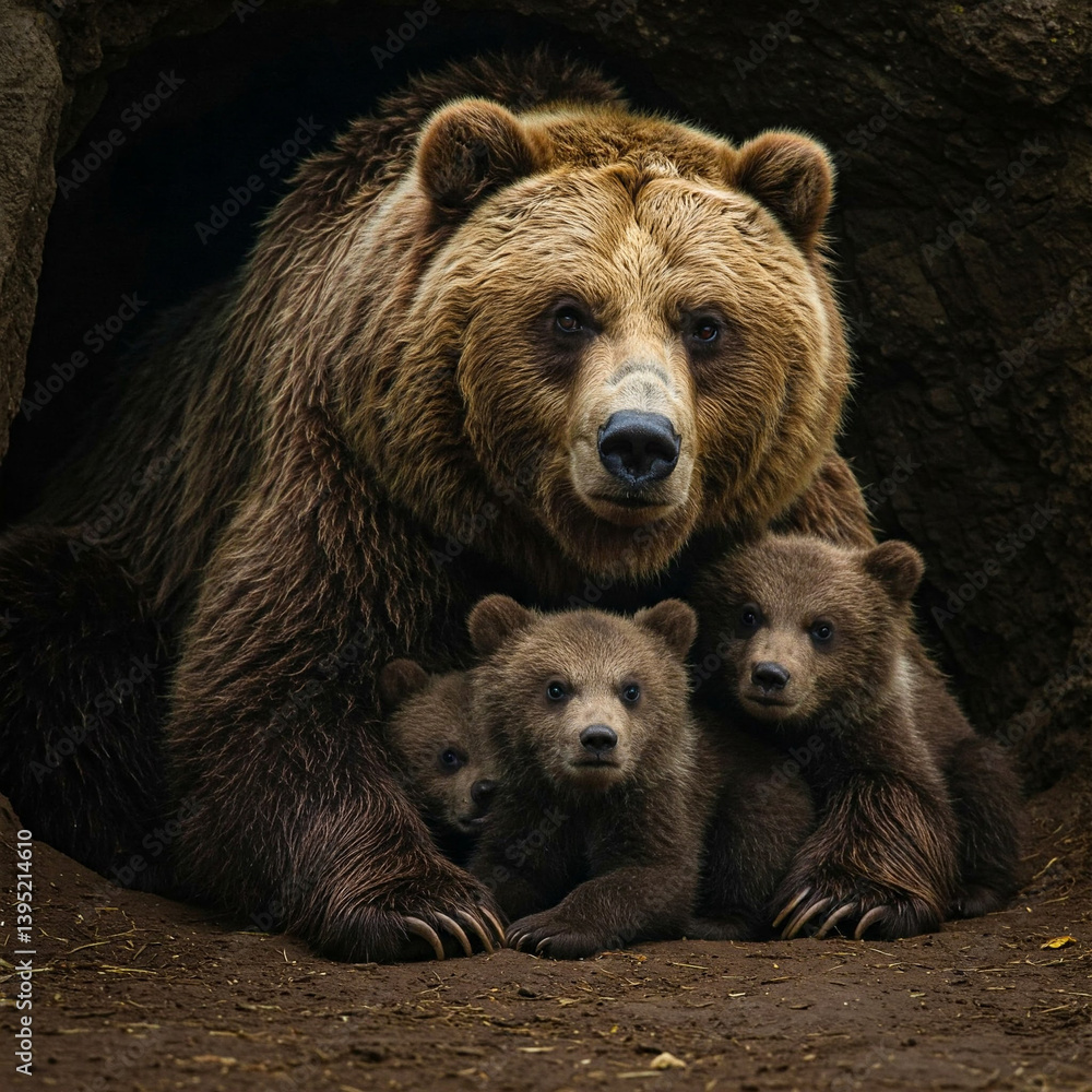 A brown bear and her cubs in the den A brown bear and her cubs in the den
