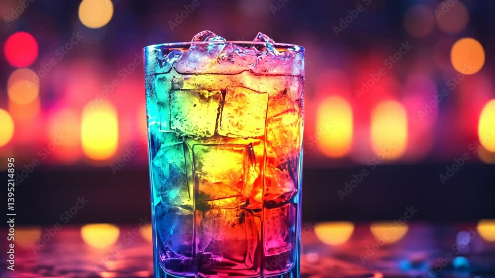 Vibrant and colorful cocktail with ice cubes, a refreshing drink with rainbow hues and blurry bokeh lights in the background. Vibrant and colorful cocktail with ice cubes, a refreshing drink with rainbow hues and blurry bokeh lights in the background.