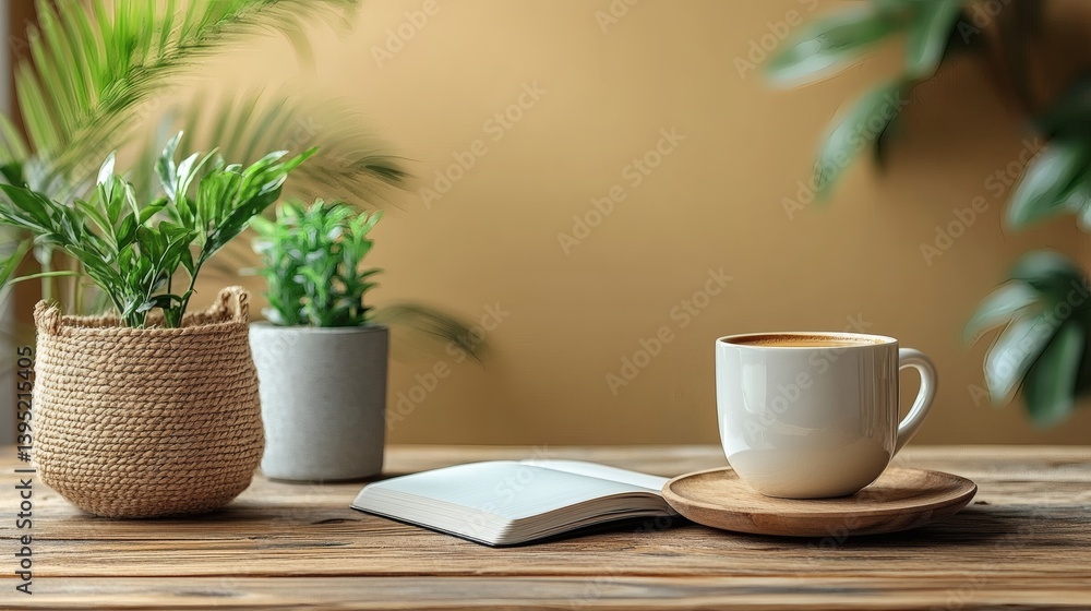 Calming workspace in beige and white tones, minimalist desk with open laptop, elegant notebook, espresso, and touch of greenery Calming workspace in beige and white tones, minimalist desk with open laptop, elegant notebook, espresso, and touch of greenery