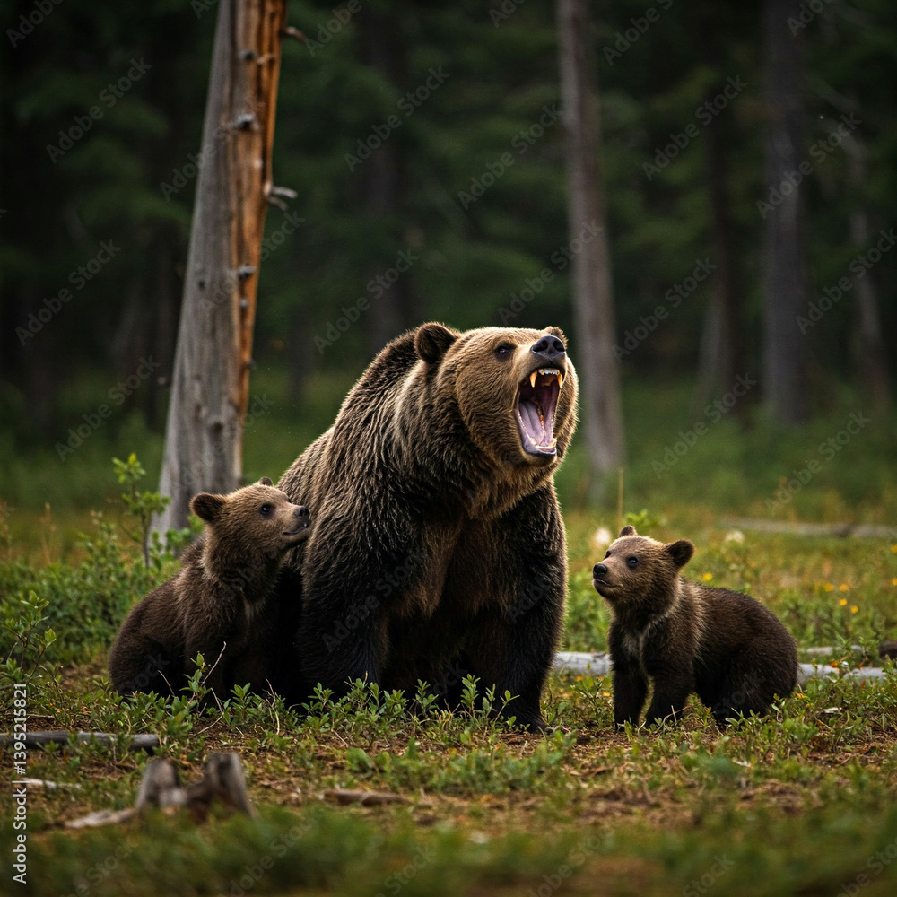 A brown bear with cubs roaring in the forest, angry, ready to attack