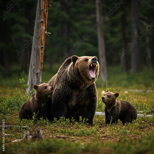 Obraz na płótnie A brown bear with cubs roaring in the forest, angry, ready to attack w salonie