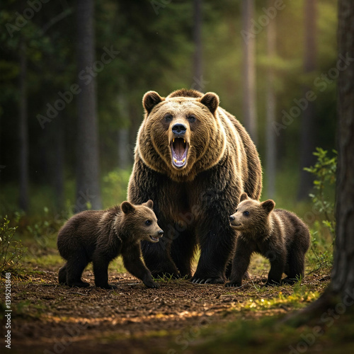 A brown bear with cubs roaring in the forest, angry, ready to attack