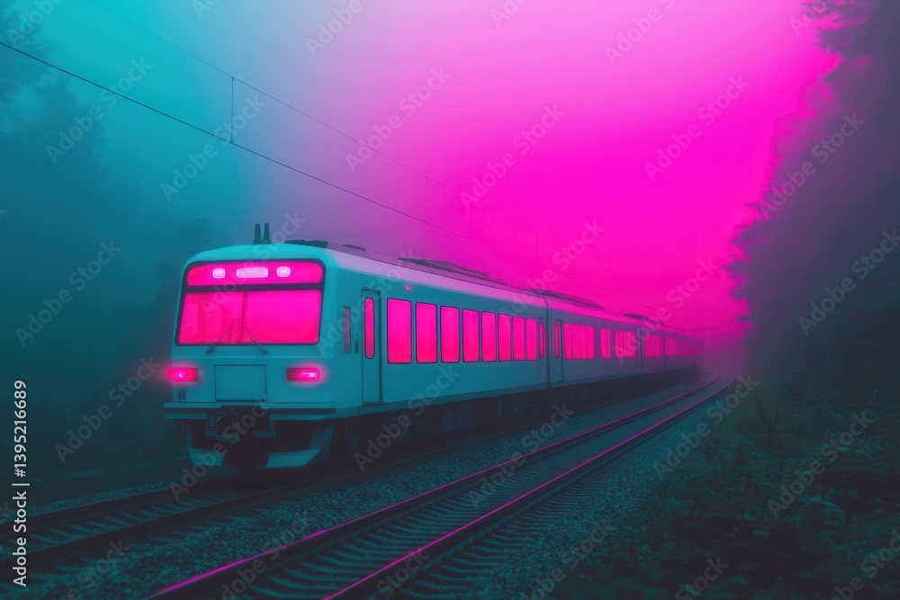 Fototapeta premium A high-speed bullet train passing through a dense toxic fog, its lights cutting through the mist, cyberpunk style, cinematic digital art.