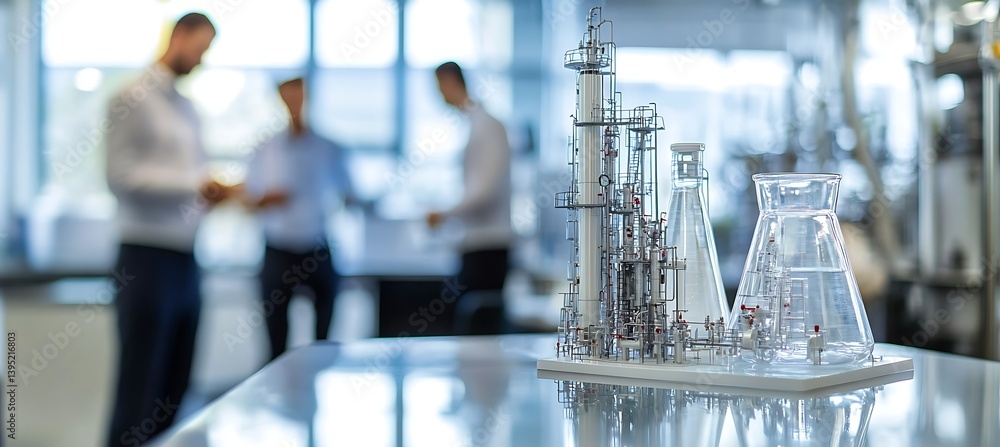 A miniature model of a chemical factory sitting on an office table, illuminated by natural light in a professional workspace.