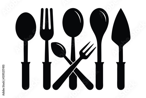 Black Silhouette Cutlery Arrangement Spoons, Forks, Server; Flat Style Design, Isolated
