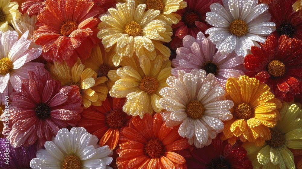 Vibrant bouquet of colorful daisies, adorned with water droplets, showcasing a spectrum of hues