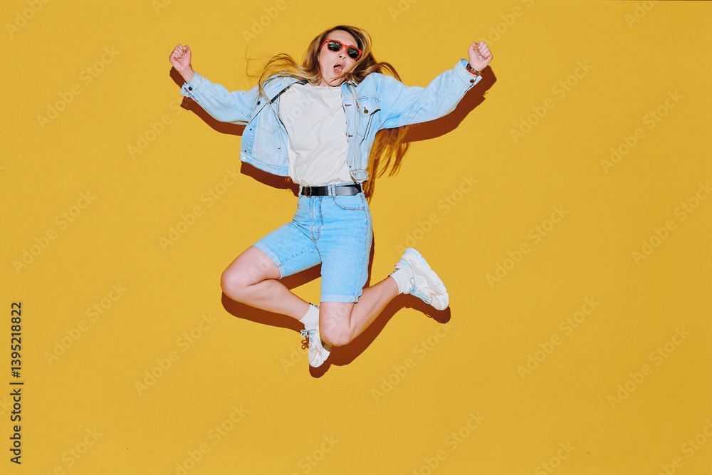 Woman in denim jacket leaps with unstoppable grin, energy fueling bold motion, energy reflecting bright attitude, boundless energy igniting joyful moment, bursting with youthful spirit Woman in denim jacket leaps with unstoppable grin, energy fueling bold motion, energy reflecting bright attitude, boundless energy igniting joyful moment, bursting with youthful spirit