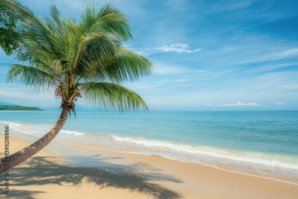 Obraz premium Tropical beach scene. Palm tree on sandy shore. Azure water and sky