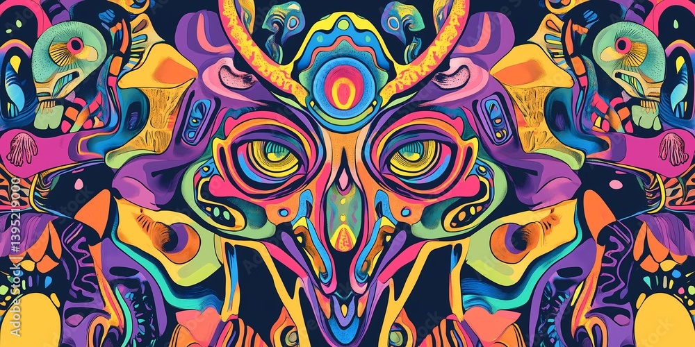 Abstract psychedelic bright magic background with mystical abstract face. Esoterics. Abstract psychedelic bright magic background with mystical abstract face. Esoterics.