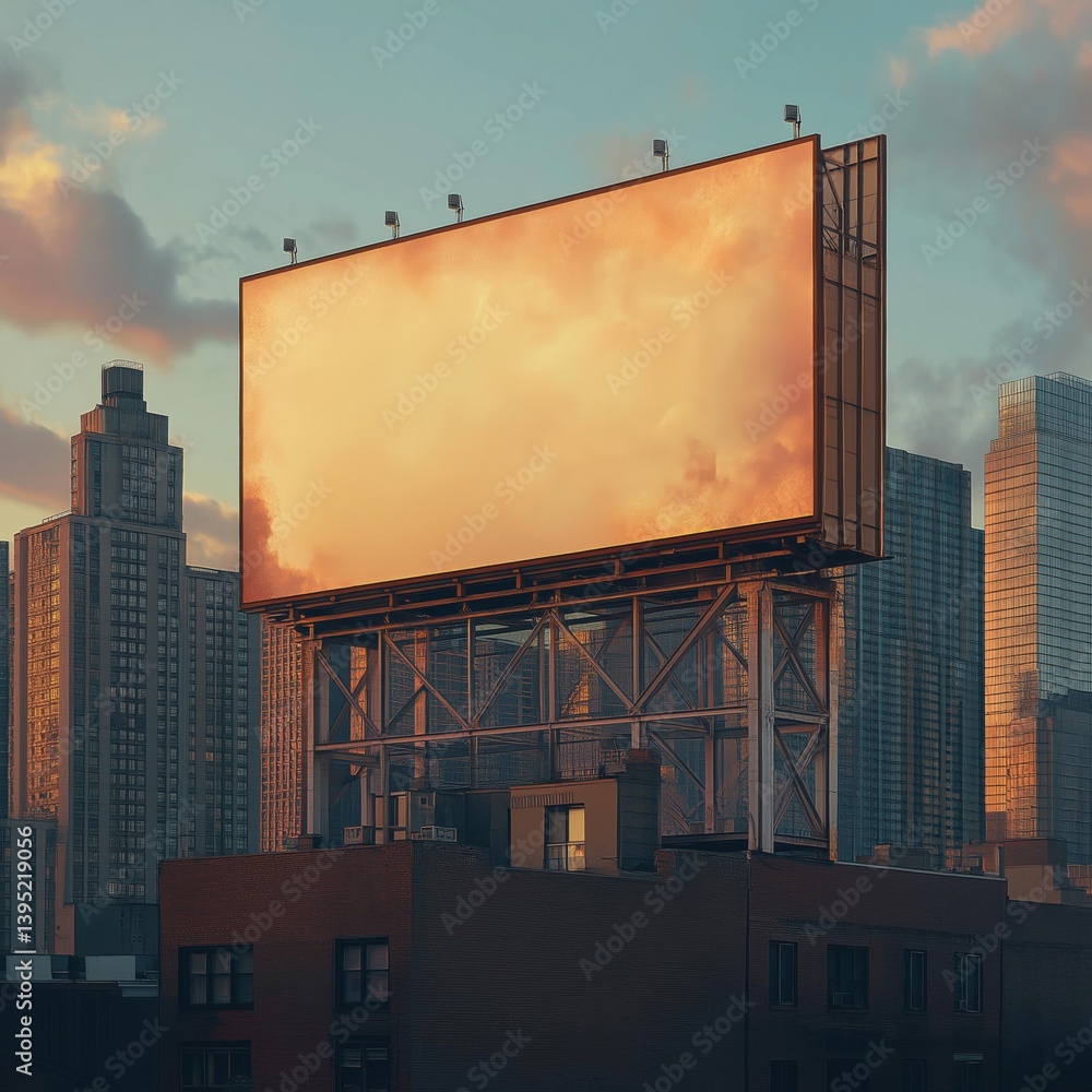 Blank rooftop billboard glowing at sunset in modern urban city skyline Blank rooftop billboard glowing at sunset in modern urban city skyline