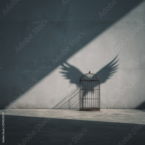 Conceptual bird cage casting shadow of wings on wall in dramatic light