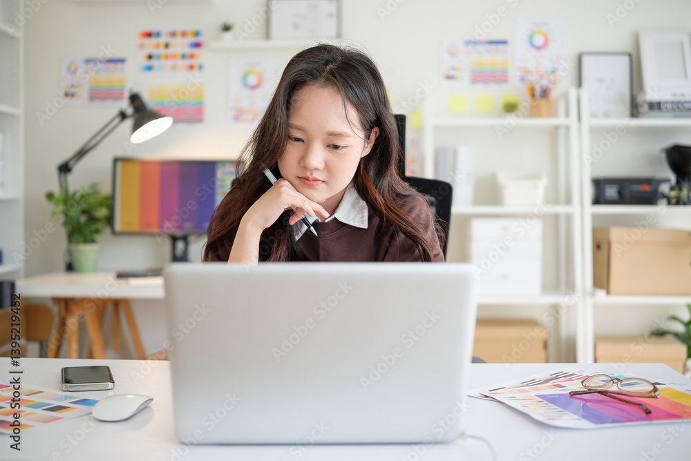 Young graphic designer focused on project in creative studio. Young graphic designer focused on project in creative studio.