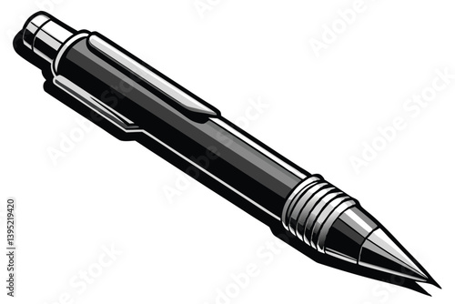 Black and Silver Metal Pen Closeup, Angled View on White Background, Detailed Rendering