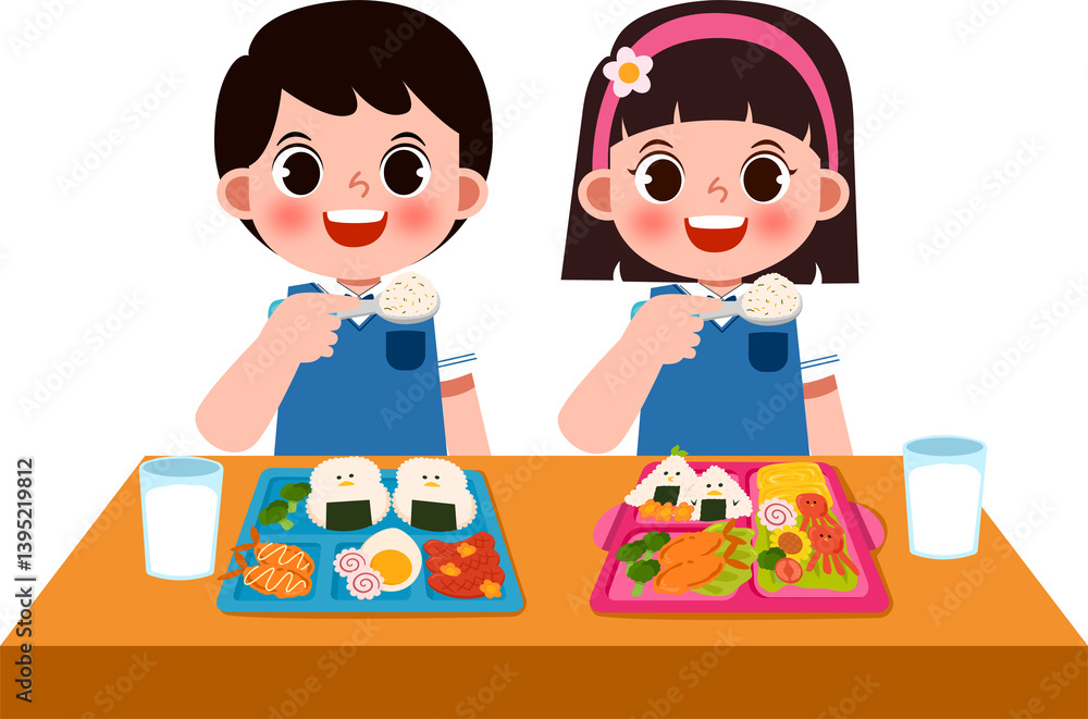 Happy Children Enjoying Nutritious School Lunch with Onigiri Happy Children Enjoying Nutritious School Lunch with Onigiri