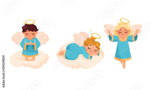 Cute Children Angels with Wings and Nimbus Vector Set