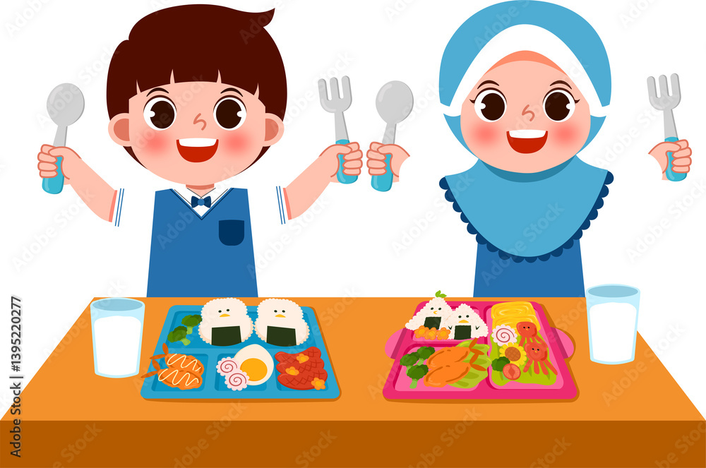 Happy Children Enjoying Healthy School Lunch Together Happy Children Enjoying Healthy School Lunch Together