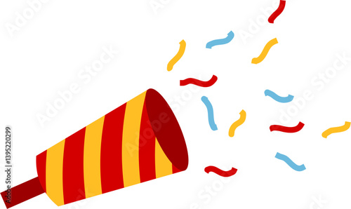 Red and Yellow Striped Party Popper with Colorful Confetti Burst