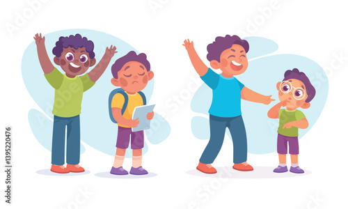 Angry Kids Bullying and Abusing the Weak Agemate Teasing and Laughing at Them Vector Set