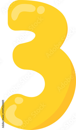 Glossy Yellow Number Three, Cartoon Style Digit