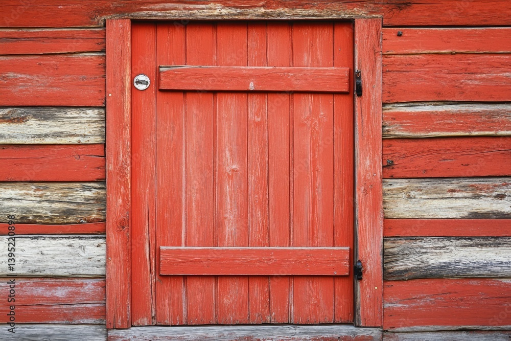 Rustic Red Door on Weathered Wooden Wall Rustic Red Door on Weathered Wooden Wall