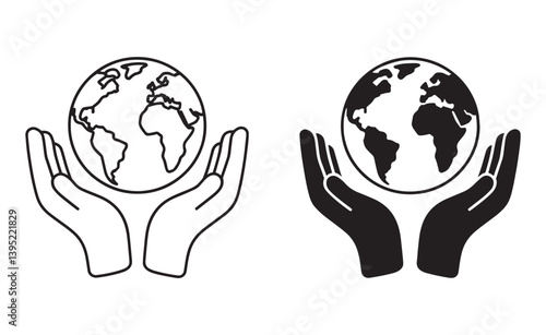 Minimal vector icon showing hands gently holding the Earth, symbolizing global care, environmental protection, and sustainability. Includes both outline and solid style versions.
