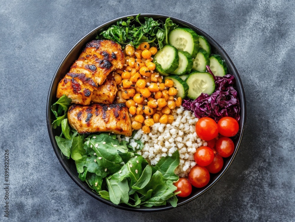 Balanced lunch plate with grains, greens, and lean protein Balanced lunch plate with grains, greens, and lean protein