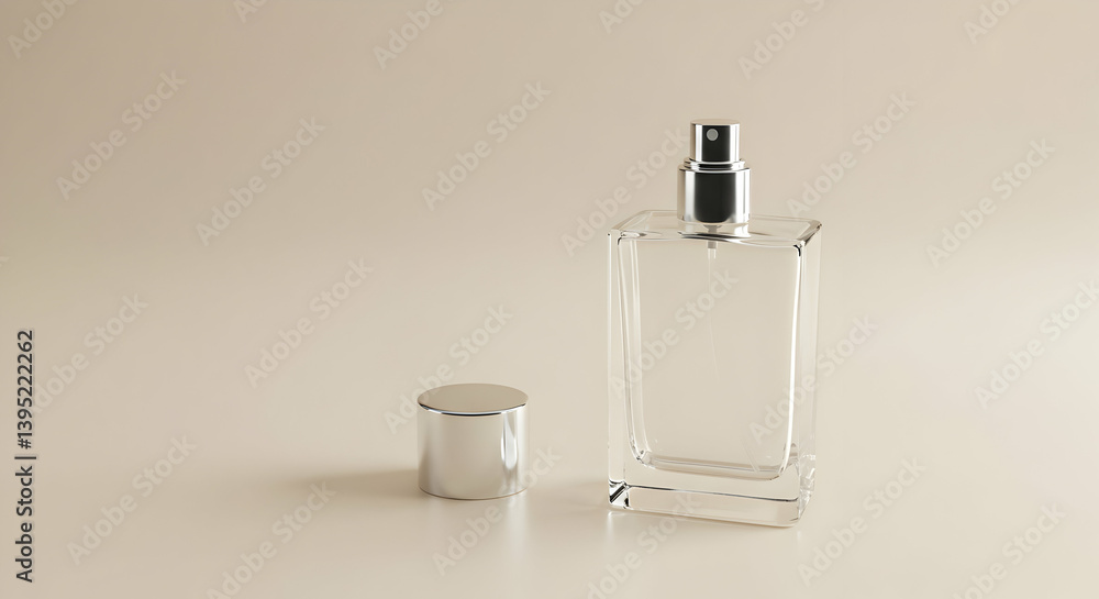 Clear Rectangular Perfume Bottle On Beige Background Clear Rectangular Perfume Bottle On Beige Background