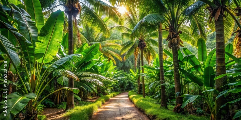 Sun-dappled path meandering through a lush tropical paradise, vibrant green foliage of palm trees and banana plants creating a serene and peaceful atmosphere. Sun-dappled path meandering through a lush tropical paradise, vibrant green foliage of palm trees and banana plants creating a serene and peaceful atmosphere.