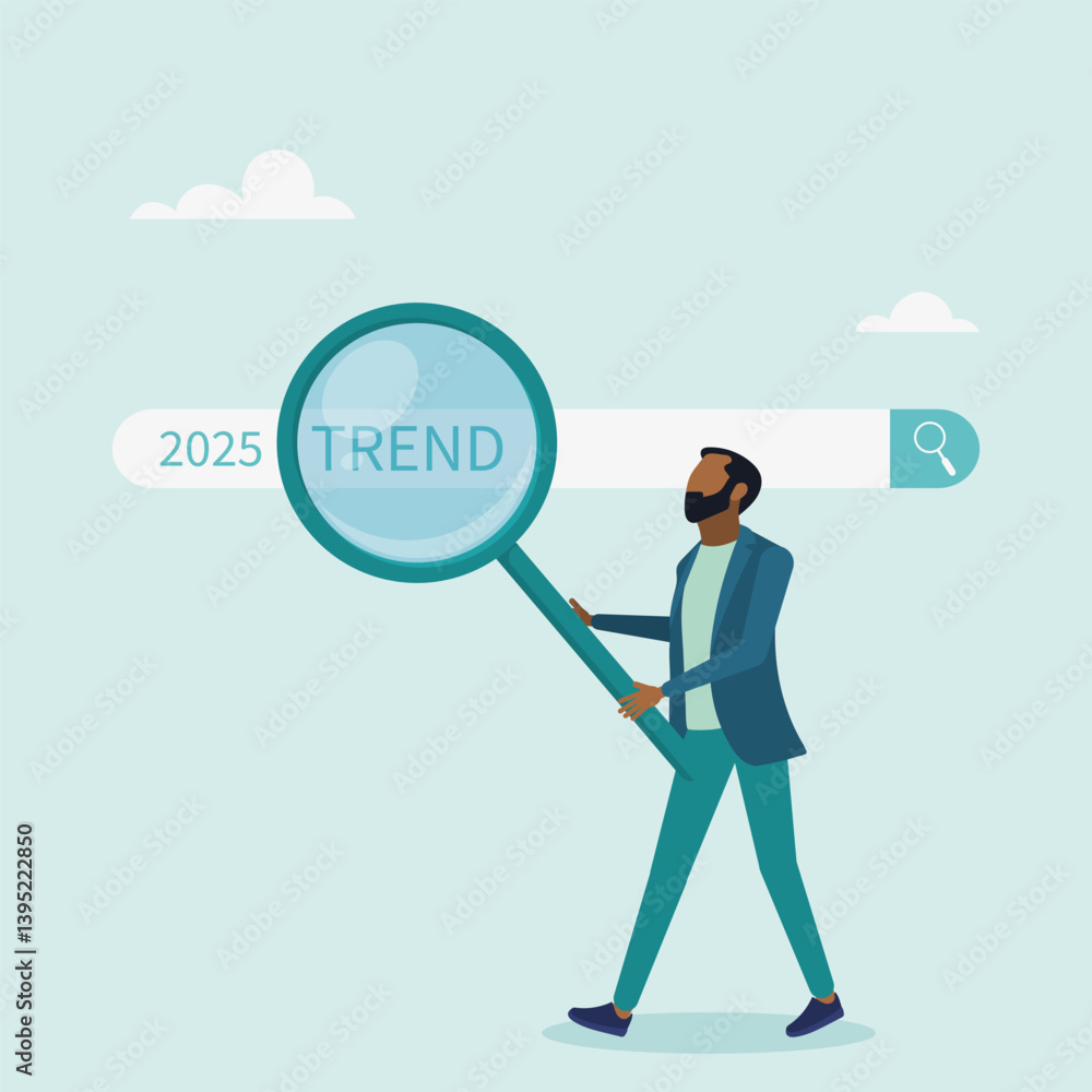 Character using magnifying glass to discover website. Researching 2025 trends, vision of new business or career opportunity. Vector illustration. Character using magnifying glass to discover website. Researching 2025 trends, vision of new business or career opportunity. Vector illustration.