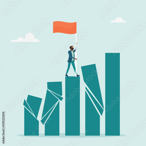 Winner in business. Successful character on stand, strong bar chart, domino collapse, winner takes all. Survival in business competition. Vector illustration.	