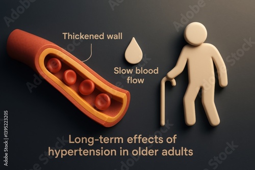 Long-term effects of hypertension in older adults: A visualization depicting the long-term effects of hypertension, including thickened arterial walls, slow blood flow. photo