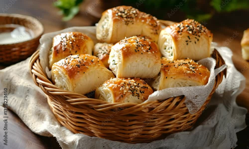 High-resolution photography of a basket filled with warm, freshly baked Kifli rolls, placed on a linen napkin with a soft natural light glow High-resolution photography of a basket filled with warm, freshly baked Kifli rolls, placed on a linen napkin with a soft natural light glow