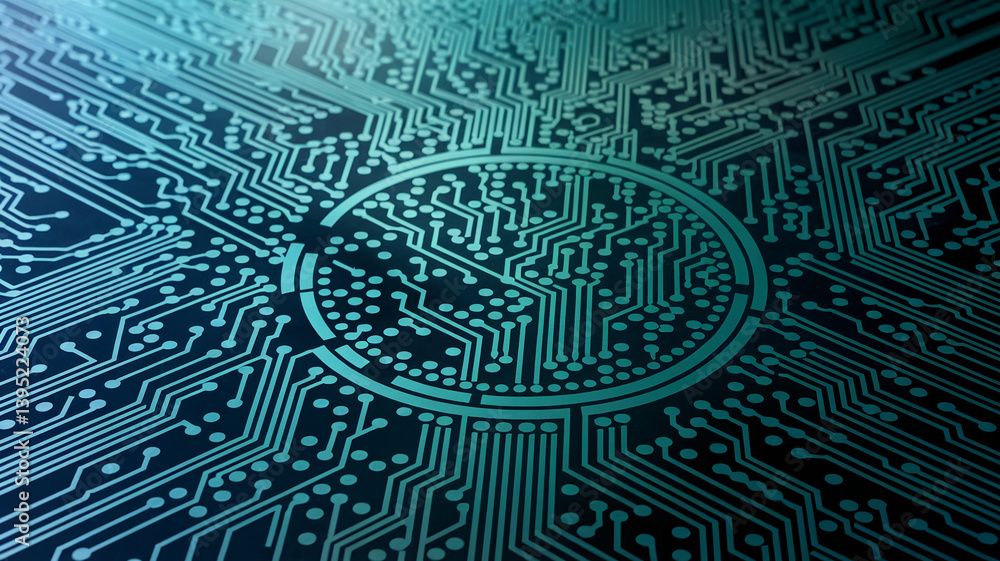 Abstract teal circuit board texture with central circle, showcasing technological innovation and connectivity, ideal for tech-related background or design Abstract teal circuit board texture with central circle, showcasing technological innovation and connectivity, ideal for tech-related background or design