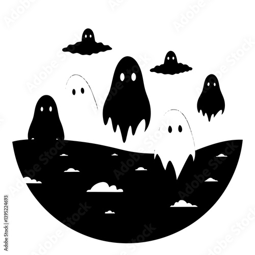 Halloween ghosts floating under a fiery orange sky. Perfect vector art for eerie prints and scary themes.