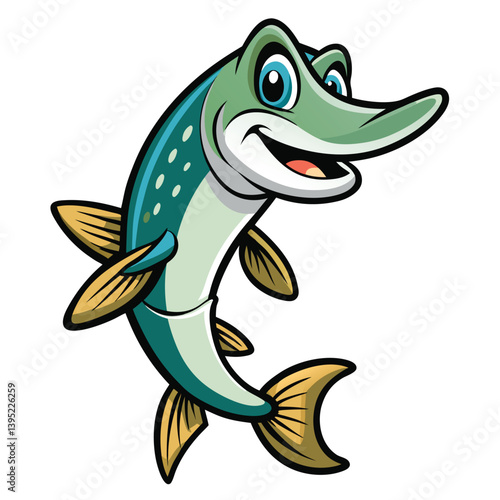 Smiling Cartoon Northern Pike Fish With Big Blue Eyes Isolated on White Background