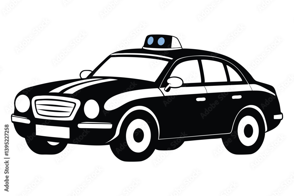 Black and White Sedan Car Silhouette with Blue Flashing Lights on a White Background Black and White Sedan Car Silhouette with Blue Flashing Lights on a White Background