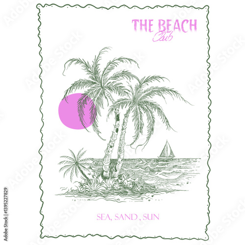 womens girls graphics. print design. vintage retro artwork. poster design. Hand Drawn tropical beach. the beach club slogan text. summer beach graphics.