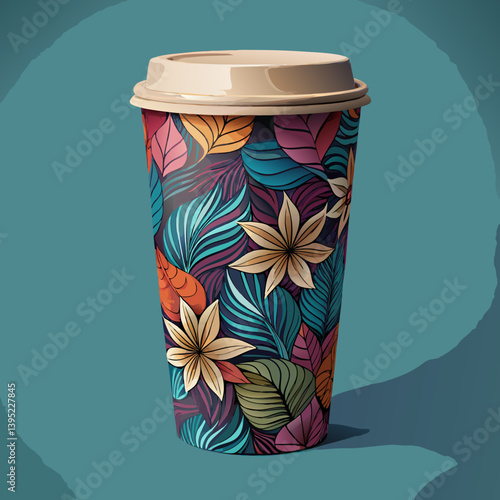 Stylish coffee cup featuring a vibrant floral pattern, placed on a monochromatic background