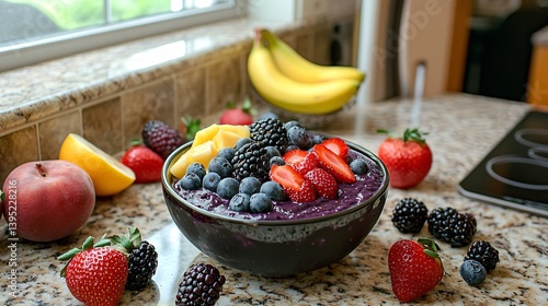 Tigela de açaí vibrante com frutas tropicais, cenário natural de cozinha e clima matinal arejado criado com a tecnologia Generative AI