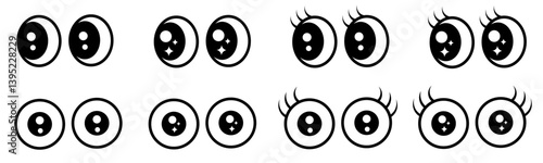 Cute Eye Area Icon set of cartoon eyes, isolated on white background. Comic eyes with different facial expressions. A variety of expressions with sadness, surprise and happiness. Vector illustration 