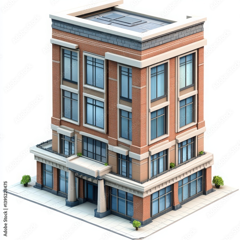 Isometric view of a brick building with many windows and some plants on isoleted white background Isometric view of a brick building with many windows and some plants on isoleted white background