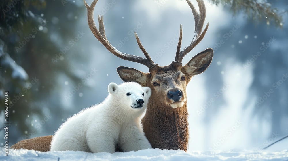 polar bear cub and deer in winter wonderland polar bear cub and deer in winter wonderland