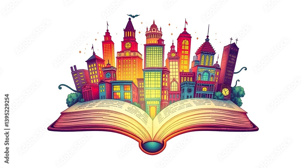 Fototapeta premium Magical Metropolis: Vibrant Cityscape Emerging from Open Book