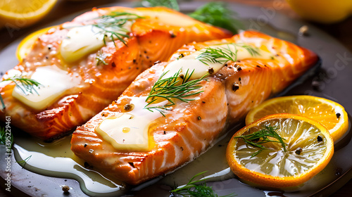 Delicious butter basted salmon garnished with fresh dill and citrus slices