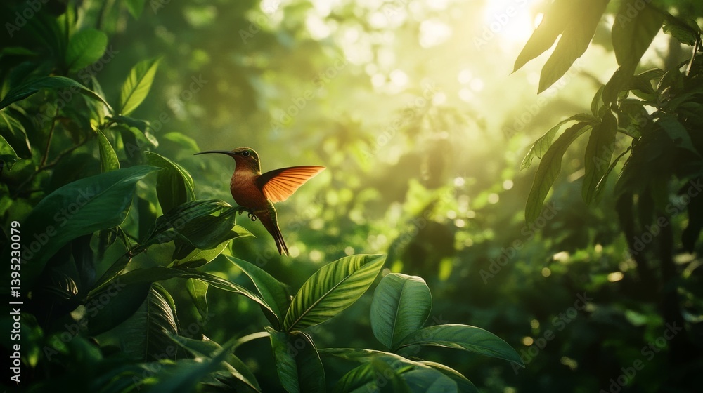 Fototapeta premium A vibrant hummingbird with reddish wings perches on lush greenery under warm, golden sunlight.